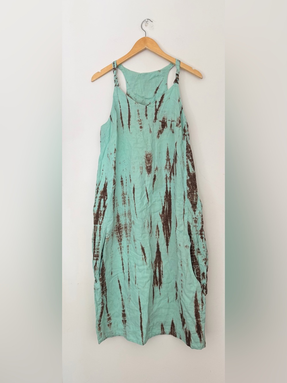Linen Tie-Dye Midi Dress Aqua Brown Boho Racerback Sleeveless Pocket Dress - Picture 6 of 8